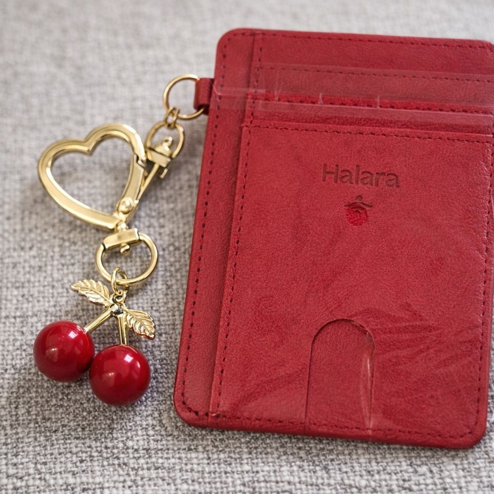 HALARA Cherry Red Card Holder with Gold Heart Keychain
